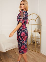 Chi Chi London Navy Blue & Pink V-Neck Floral Embroidered Bodycon Dress - Image 2 of 4