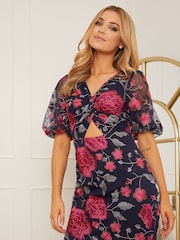 Chi Chi London Navy Blue & Pink V-Neck Floral Embroidered Bodycon Dress - Image 3 of 4