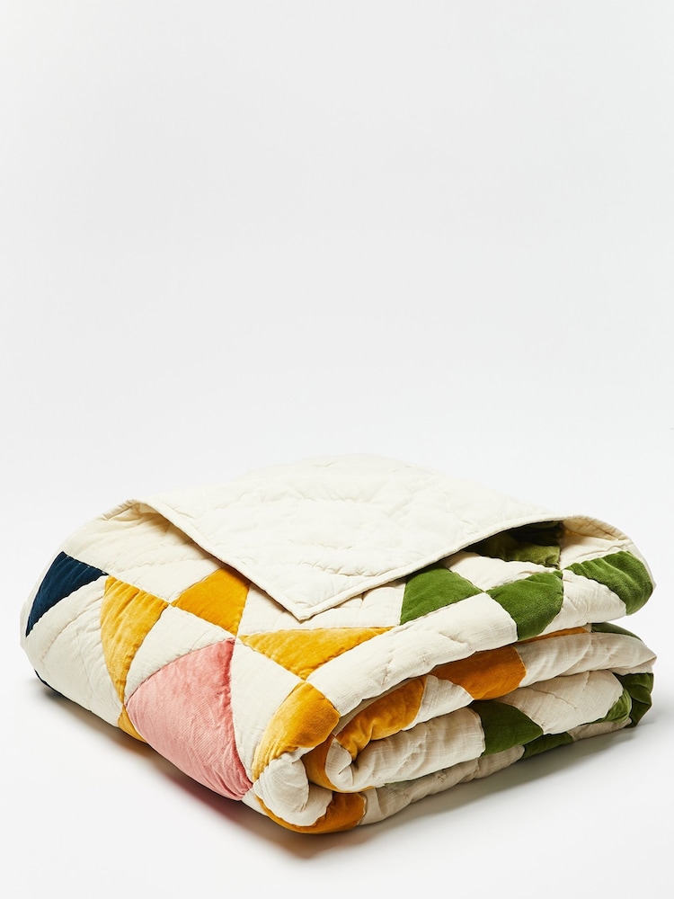 Oliver Bonas Multi Patchwork 100% Cotton Velvet Bedspread - Image 2 of 4