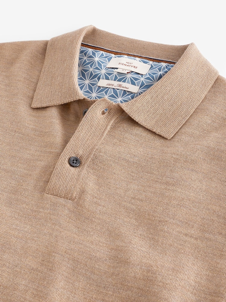 Neutral Knitted Signature Merino Wool Regular Fit Polo Shirt - Image 7 of 7