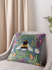 Wylder Nature Blue House Of Bloom Zinnia Bee Floral Velvet Piped Cushion - Image 1 of 6