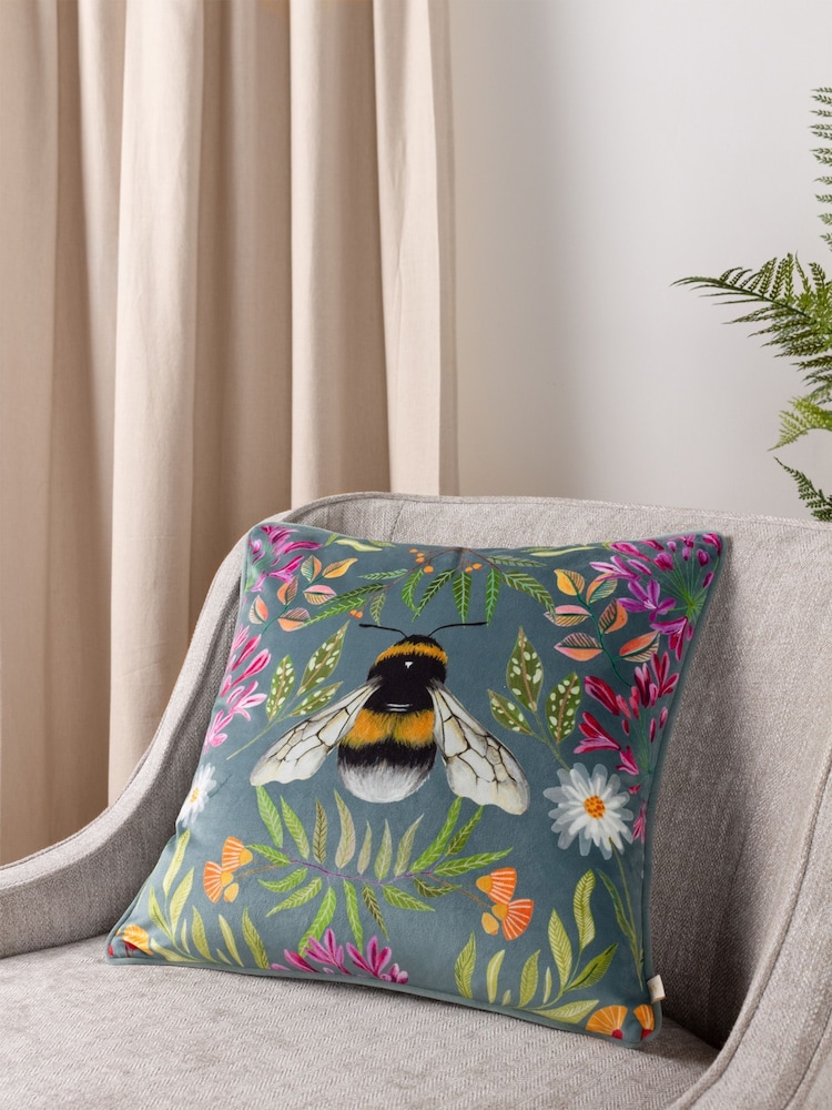 Wylder Nature Blue House Of Bloom Zinnia Bee Floral Velvet Piped Cushion - Image 1 of 6