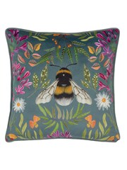Wylder Nature Blue House Of Bloom Zinnia Bee Floral Velvet Piped Cushion - Image 3 of 6