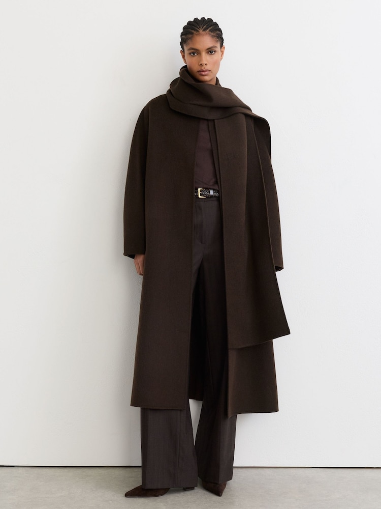 Reiss Chocolate Brown Elodie Petite Wool-Blend Long Blind-Seam Scarf Coat - Image 1 of 10