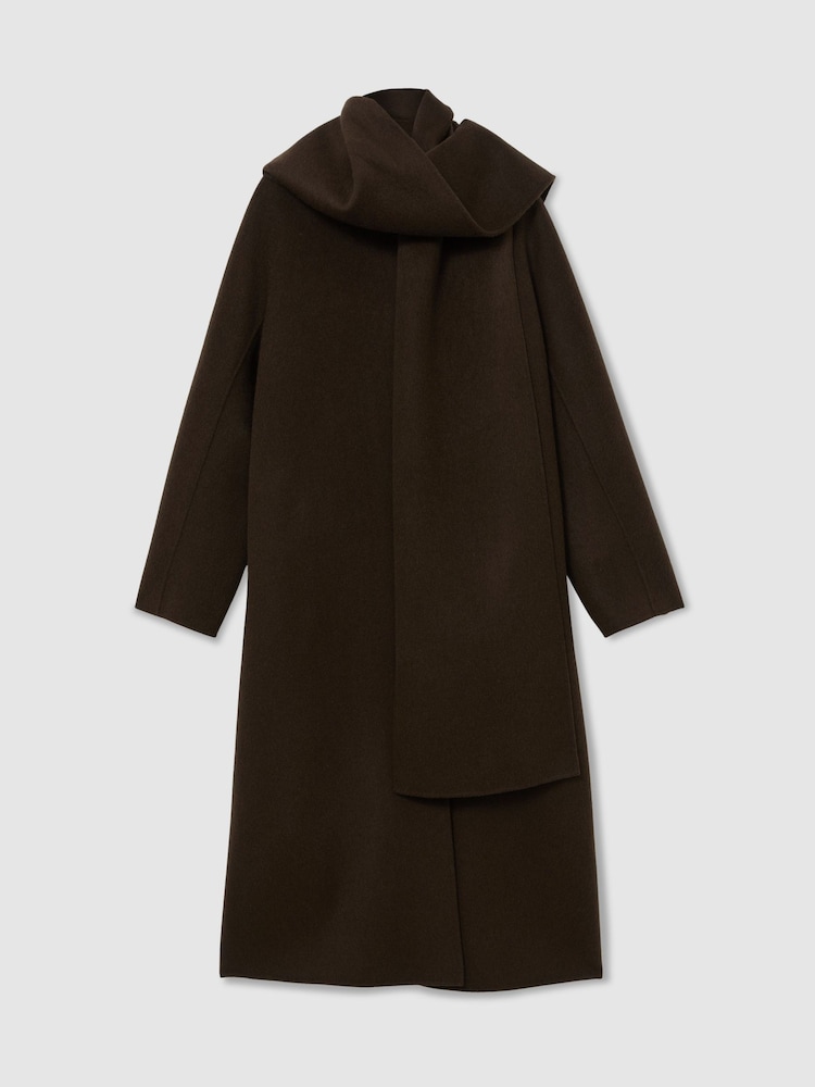 Reiss Chocolate Brown Elodie Petite Wool-Blend Long Blind-Seam Scarf Coat - Image 2 of 10