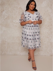 Chi Chi London Blue Curve 3D Floral Midi Dress - Image 1 of 4