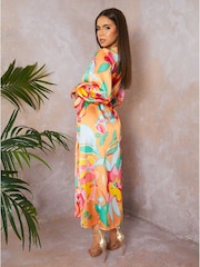 Chi Chi London Orange Long Sleeve Floral Wrap Shirt Dress - Image 2 of 5