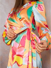 Chi Chi London Orange Long Sleeve Floral Wrap Shirt Dress - Image 3 of 5