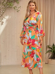 Chi Chi London Orange Long Sleeve Floral Wrap Shirt Dress - Image 5 of 5