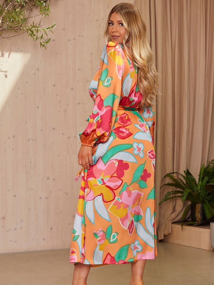 Chi Chi London Orange Long Sleeve Floral Wrap Shirt Dress - Image 6 of 6 Chi Chi London Orange Long Sleeve Floral Wrap Shirt Dress - Image 6 of 6