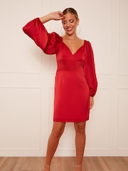 Chi Chi London Red Balloon Sleeve Plunge Bodycon Dress - Image 1 of 5