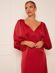 Chi Chi London Red Balloon Sleeve Plunge Bodycon Dress - Image 3 of 5