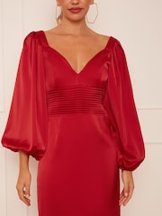 Chi Chi London Red Balloon Sleeve Plunge Bodycon Dress - Image 5 of 5