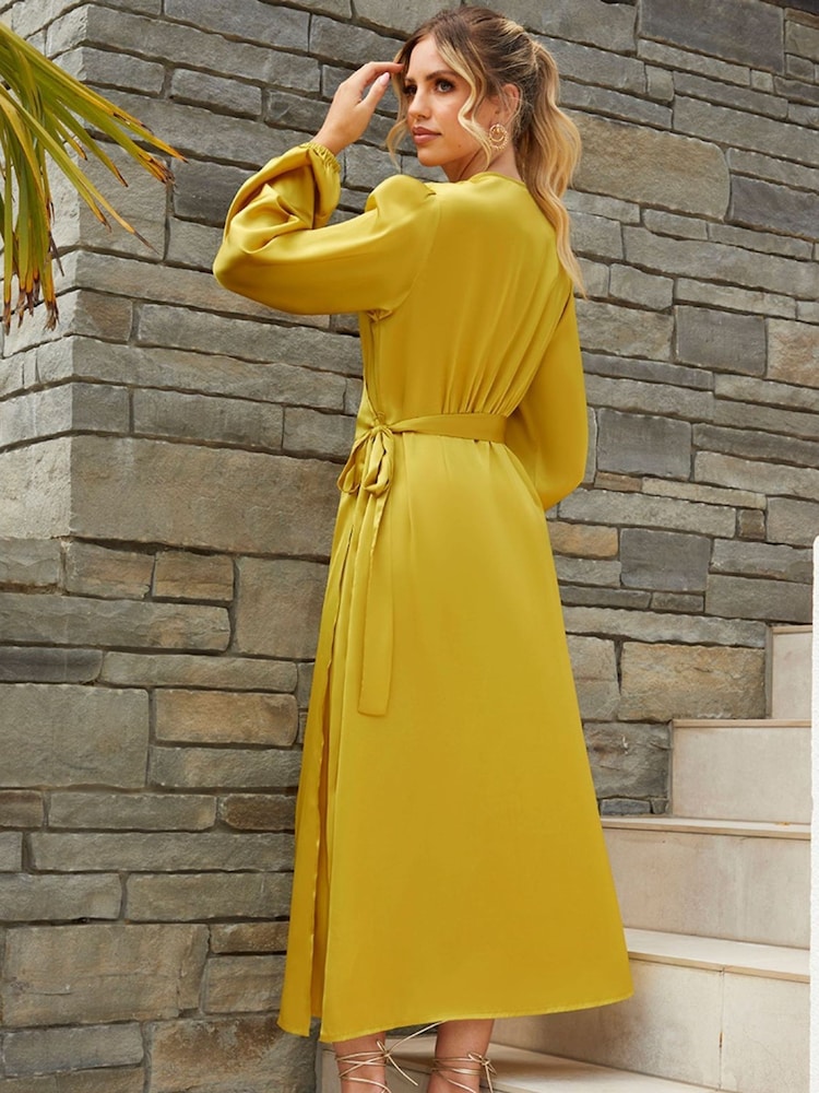 Chi Chi London Green Long Sleeve Satin Wrap Shirt Dress - Image 2 of 4 Chi Chi London Green Long Sleeve Satin Wrap Shirt Dress - Image 2 of 4