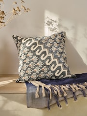 French Connection Blue Distressed Print 100% Cotton Poppyfield Cushion - Image 1 of 4