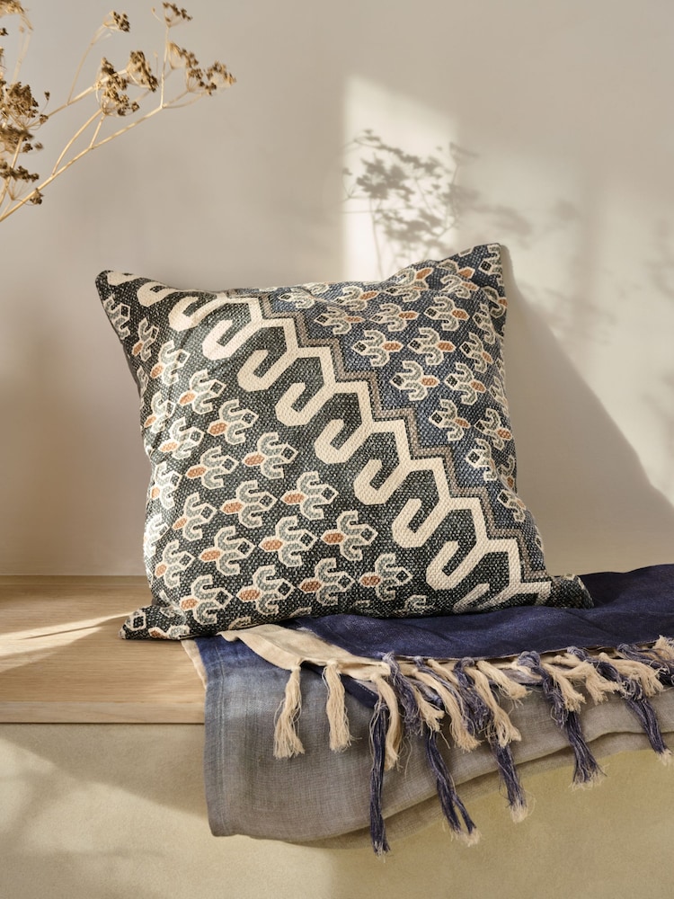 French Connection Blue Distressed Print 100% Cotton Poppyfield Cushion - Image 1 of 4 French Connection Blue Distressed Print 100% Cotton Poppyfield Cushion - Image 1 of 4