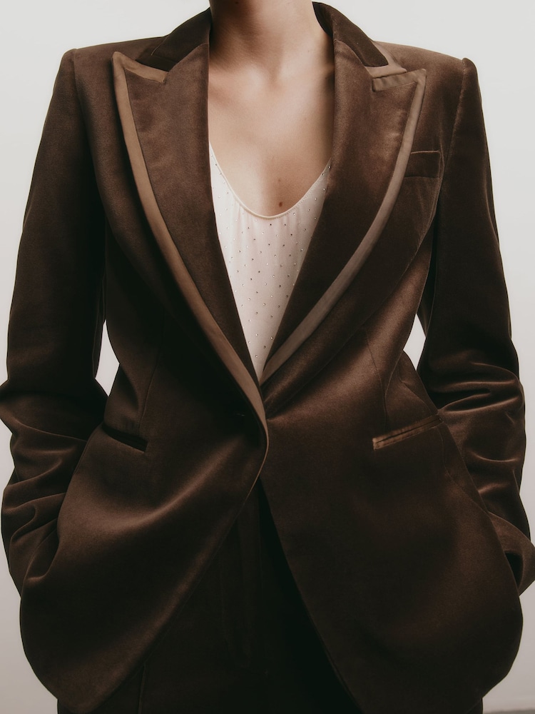 Reiss Mocha Brown Wren Velvet Satin-Trim Single-Breasted Suit Blazer - Image 1 of 10 Reiss Mocha Brown Wren Velvet Satin-Trim Single-Breasted Suit Blazer - Image 1 of 10