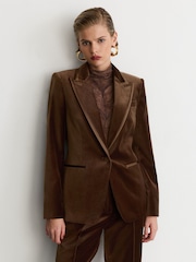 Reiss Mocha Brown Wren Velvet Satin-Trim Single-Breasted Suit Blazer - Image 6 of 10