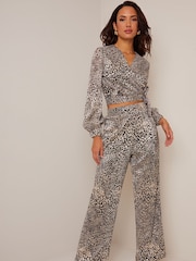 Chi Chi London Brown Printed Wide Leg Trousers - Image 1 of 5