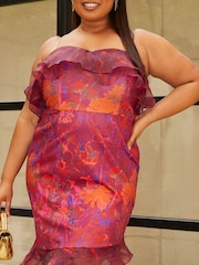 Chi Chi London Red Curve Bardot Ruffle Floral Bodycon Midi Dress - Image 4 of 4