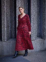 Live Unlimited Red Ditsy Print V-Neck Jersey Dress - Image 1 of 8