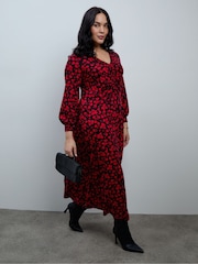 Live Unlimited Red Ditsy Print V-Neck Jersey Dress - Image 5 of 8