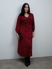 Live Unlimited Red Ditsy Print V-Neck Jersey Dress - Image 6 of 8