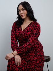 Live Unlimited Red Ditsy Print V-Neck Jersey Dress - Image 7 of 8