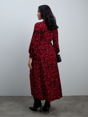 Live Unlimited Red Ditsy Print V-Neck Jersey Dress - Image 8 of 8
