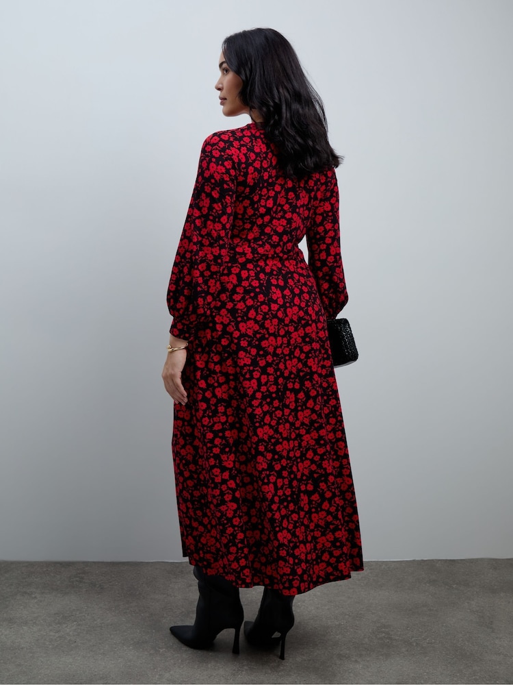 Live Unlimited Red Ditsy Print V-Neck Jersey Dress - Image 8 of 8