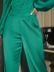 Chi Chi London Green Satin Wide Leg Trousers - Image 4 of 4