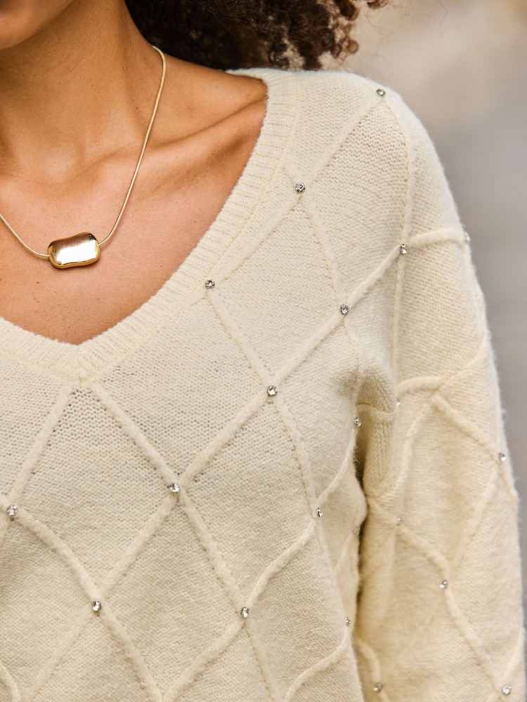 Sosandar Yellow Pointelle Diamente Embellished Jumper - Image 2 of 5 Sosandar Yellow Pointelle Diamente Embellished Jumper - Image 2 of 5