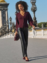 Sosandar Red Cinched Waist Rib Knit Cardigan - Image 2 of 5