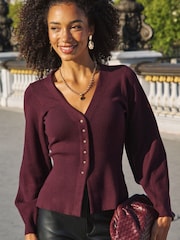 Sosandar Red Cinched Waist Rib Knit Cardigan - Image 4 of 5