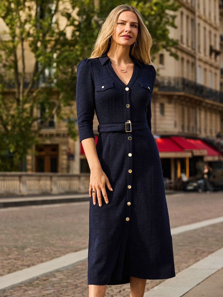 Sosandar Blue Boucle Belted Fit & Flare Dress - Image 1 of 5 Sosandar Blue Boucle Belted Fit & Flare Dress - Image 1 of 5