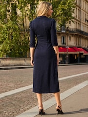 Sosandar Blue Boucle Belted Fit & Flare Dress - Image 2 of 5