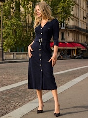 Sosandar Blue Boucle Belted Fit & Flare Dress - Image 3 of 5