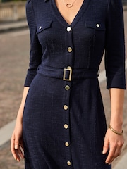Sosandar Blue Boucle Belted Fit & Flare Dress - Image 4 of 5