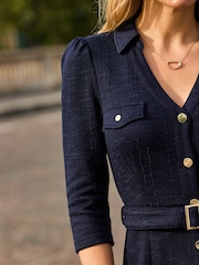 Sosandar Blue Boucle Belted Fit & Flare Dress - Image 5 of 5