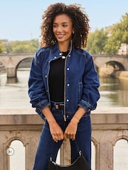 Sosandar Funnel Neck Denim Bomber Jacket - صورة 3 من 5