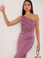 Chi Chi London Purple One Shoulder Embroidered Bodice Midi Dress - Image 3 of 5
