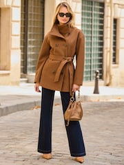 Sosandar Natural Belted Funnel Collar Coat - Image 1 of 5
