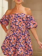 Chi Chi London Purple Bardot Ink Spot Print Puff Ball Mini Dress - Image 5 of 5