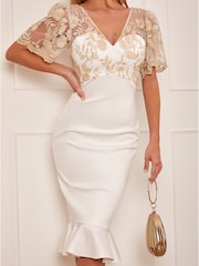 Chi Chi London White V-Neck Embroidered Bodycon Dress - Image 5 of 5