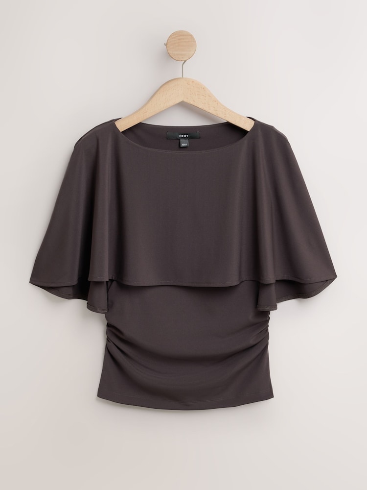 Chocolate Brown Short Sleeve Cape Top - Image 1 of 3