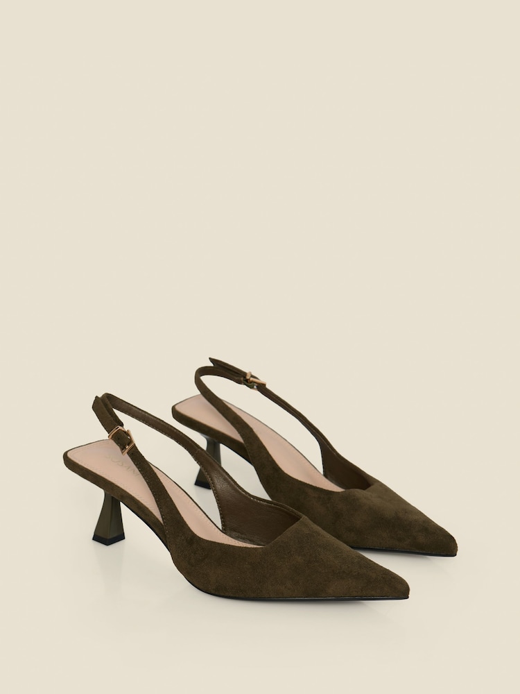 Sosandar Green Faux Suede Kitten Heel Slingback Court Shoes - Image 2 of 4 Sosandar Green Faux Suede Kitten Heel Slingback Court Shoes - Image 2 of 4
