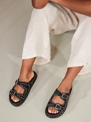 Black Leather Western Footbed Sandals - Image 1 of 7