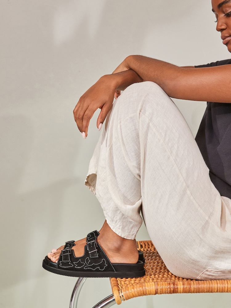 Black Leather Western Footbed Sandals - Image 2 of 7