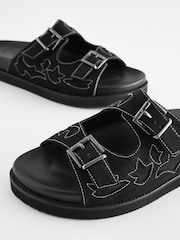 Black Leather Western Footbed Sandals - Image 5 of 7