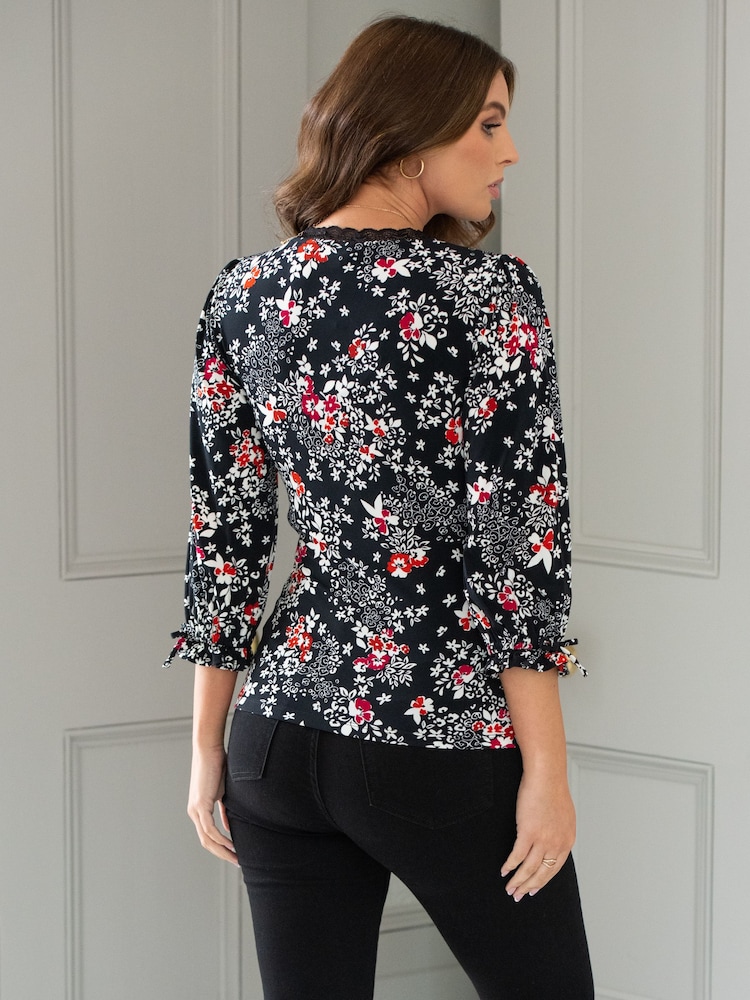 Pour Moi Black Multi Anya Lace Detail Recycled Slinky Jersey Top - Image 2 of 4 Pour Moi Black Multi Anya Lace Detail Recycled Slinky Jersey Top - Image 2 of 4